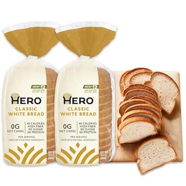 Hero Bread™ Classic White Bread — 0g Net Carb, 0g Sugar, 45 Calories, 10g Fiber per Slice | Low Net Carb Bread Loaf —15 Slices/Loaf, 2 Loaves