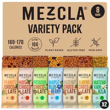 Mezcla Puff-Crispy Plant Based Protein Bars - Variety Pack - Healthy Snacks for Adults & Kids - Granola Bars for School, Travel, & Office Snacks - Gluten Free, Vegan, Non GMO, 10g Protein - 8 Count