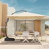 Grand patio 10X10 FT Sunbrella Offset Umbrella with Base Outdoor Square Aluminum Hanging Cantilever Umbrella with Easy Tilt Adjustment (Flax, 10X10 FT-SUNBRELLA)