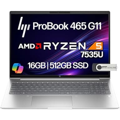 HP ProBook 465 460 G11 Business Laptop 16” FHD+ Display, AMD Ryzen 5 7535U, 16GB DDR5 RAM, 512GB NVMe, Wi-Fi 6E, RJ-45, Webcam, Backlit Keyboard, Win 11 Pro - Pike Silver Plastic