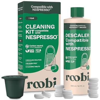 Roobi Descaling and Cleaning Kit Compatible with Nespresso Originaline. Includes 1 Bottle of Descaling Solution, 12 Cleaning Tablets and 1 Reusable Pod. Carbon Neutral. 1 Year Supply.