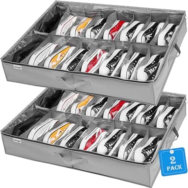 INAYA Under Bed Shoe Storage Organizer Set of 2, Fits 32 Pairs, Underbed Shoe Box Storage Containers Adjustable Dividers w/Bottom Support, Clear Foldable Shoes Storage w/Reinforced Handles