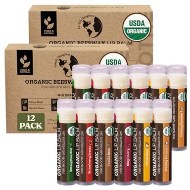 Earth's Daughter USDA Organic Lip Balm 12-Pack (2x 6-Packs) - Fruit Flavors, Beeswax, Coconut Oil, Vitamin E - Best Lip Repair Chapstick for Dry Cracked Lips - Moisturizing Lip Care