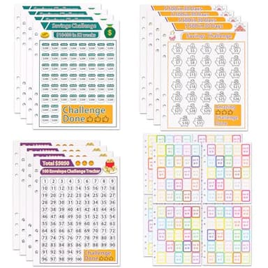 12pcs Money Saving Challenge Binder Trackers for 6 Ring A5 Binders, with 8pcs Stickers, 100 Day Money 1000 Saving Binder Refills Sheets Long-Term Money Saving Plan Sheets for Individual Family