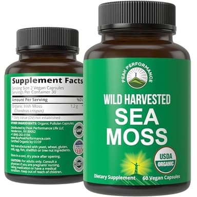 Peak Performance Organic Sea Moss Capsules - Wild Harvested Sea Moss Raw Vegan Supplement from Red Algae Seaweed - 100% Whole Extract Irish SeaMoss Superfood Pills - Gut, Respiratory, Immune Support