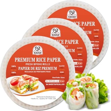 52USA Rice Paper, 3 Pack, Rice Paper Wrappers, Fresh Spring Roll Wrappers & Dumplings-102 Sheets, Gluten-Free Wonton Wrappers, Vegan, Low Carb, Vietnamese Rice Wraps (Round, 22cm)