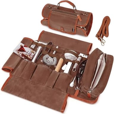 OUUTMEE Travel Bartender Kit Bag with 22-Pc Cocktail Shaker Set, Waxed Canvas Protable Carrying Bartender Bag with Stainless Steel Bar Tool Set, Roll-Up Bartenders Kits for Professional Bartenders