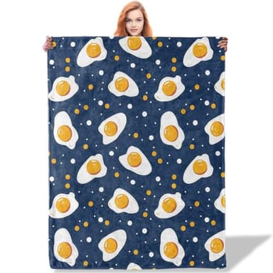 Plistiz Fried Egg Flannel Throw Blanket for Kids and Breakfast Lovers, Lightweight Warm Soft Cozy Fun Food with Dark Blue Background Blankets, Sofa Couch Bed Living Room Home Decor Gifts, 50"x60"