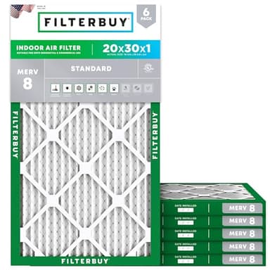 Filterbuy 20x30x1 Air Filter MERV 8 Essential Dust & Allergy Defense (6-Pack), Electrostatic Pleated HVAC AC Furnace Filters Replacement, Made in USA (Actual Size: 19.63 x 29.63 x 0.75)