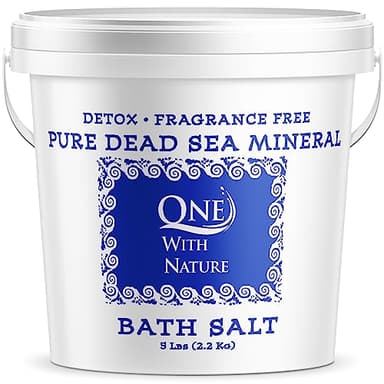 One With Nature 100% Pure Dead Sea Salt for Bath, 5lb Unscented. Dead Sea Salt is high in Essential Minerals, Such as Magnesium, Sulfur, Zinc, Potassium. Exfoliates, Nourishes Skin, Helps Restore pH