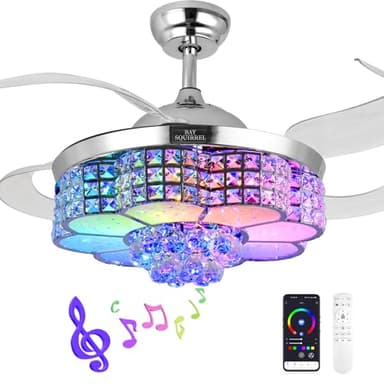 BAYSQUIRREL 42-inch Retractable Ceiling Fan with Light and Remote/APP Control, Bluetooth Ceiling Fans with Speaker, RGB-LED Light 6 Speeds Reversible Blades,Flush Mount Chandelier Crystal Ceiling Fan