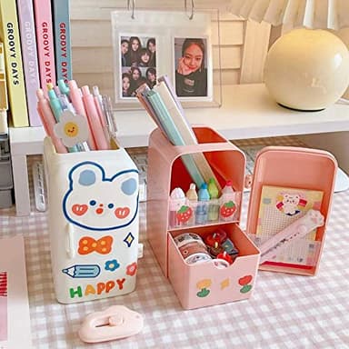 JHTPSLR Kawaii Refrigerator Stationery Organizer Box Pen Holder Cute Aesthetic Pencil Makeup Storage Container Kawaii Organization Stuff School Supplies for Kids Teen Girls (Pink)