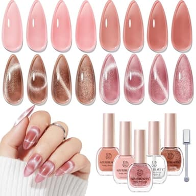 AZUREBEAUTY Cat Eye Nail Polish Set, 4 Colors Magnetic Nude Jelly Glitter Quick Air Dry Non Gel Natural Fingernail Lacquer Strengthening Treatment Kit with Top Coat DIY Salon at Home