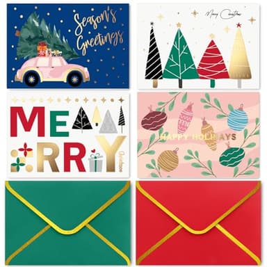 BGTCARDS Christmas Cards with Envelopes (Foiled, Red & Green), 24 Gold Foil Holiday Cards Boxed with Non-religious Messages inside, Xmas Card Bulk for Coworkers, Family, Friends, Kids, 6"×4" Folded