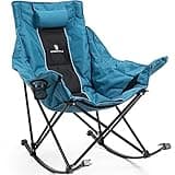 Dowinx Oversized Rocking Camping Chair, Fully Padded Patio Chair with Side Pocket and Carry Bag, High Back Portable Lawn Recliner with Headrest, Support 300 lbs, Blue