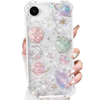 Changjia for iPhone 17e/iPhone 16e Clear Glitter Case,Cute Bling Sparkle Planet Space Stars Moon Universe Pattern Soft TPU Silicone Shockproof Women Girls Protective Case for iPhone17e/16e 6.1",Planet