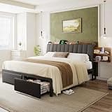 Einhomn King Size Metal Bed Frame with 2-Tier Hidden Storage and 2 Drawers, Upholstered Platform Bed with Charging Station, Ergonomic Headboard & Steel Slats, No Box Spring Needed, Noise-Free
