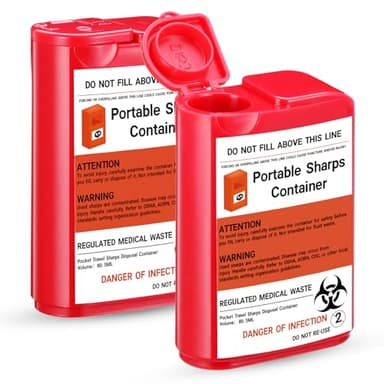 Baderke 2 Pack Pocket Travel Sharps Disposal Container Sharps Containers for Home Use Small 80 Ml Container Diabetic Supplies Easy to Use for Diabetic Needles, Lancets, Strips (Red)