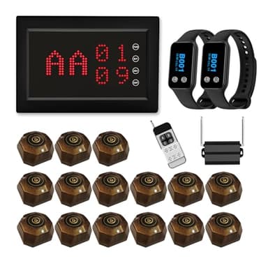 Restaurant Pager System 1200+ft Waiter Wireless Calling System Queuing System 15 Call Buttons with 1 Number Display Receiver 2 Wristwatches 1 Amplifier for Restaurants,Cafe,Bar,Hotel