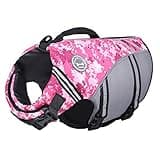 VIVAGLORY Sports Style Dog Life Jacket with Adjustable & Durable, Extra Flotation Swim Life Vest with Secure Fastening System for Large Dogs, Camo Pink