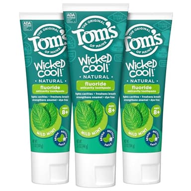 Tom's of Maine ADA Approved Wicked Cool! Fluoride Children's Toothpaste, Natural Toothpaste, Dye Free, No Artificial Preservatives, Mild Mint, 5.1 oz. 3-Pack