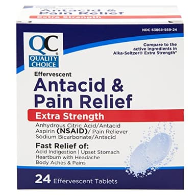 Quality Choice, Extra Strength Effervescent Antacid and Pain Relief Tablets, Relief from Acid Indigestion, Upset Stomach, Heartburn, Body Aches and More, 24 Effervescent Tablets