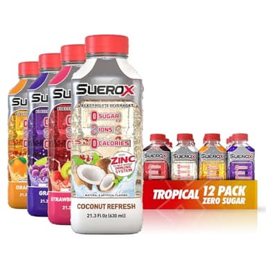 SueroX Sugar-Free Sports Drink for Hydration and Recovery, Electrolyte Hydration Drink with 8 Ions, Zero Calorie Sports Drinks with Electrolytes, Tropical Pack, 21.3 Fl Oz, 12 Count
