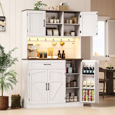 ONBRILL 71" Pantry Cabinet, Kitchen Pantry Storage Cabinet with LED Light & Outlet, Kitchen Hutch with Microwave Shelf & 6 Hook, Door Shelf & Drawer & Adjustable Shelf, Dining Room, Off White+Walnut