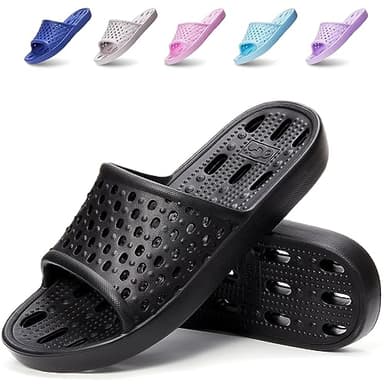 Xomiboe Shower Shoes Men Shower Slippers Women Non Slip Flip Flops Bathroom for College Dorm Room Essentials Sandals Slides With Holes Students Boys Girl Gym (Black,EU44-45)