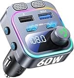 60W Bluetooth 5.4 FM Transmitter Car Adapter [Reinforced Dual Mics & Deep Bass] [Dual PD 60W & QC3.0] Fast Charging Handsfree Calling Wireless Radio Bluetooth Transmitter for Car [Gray]