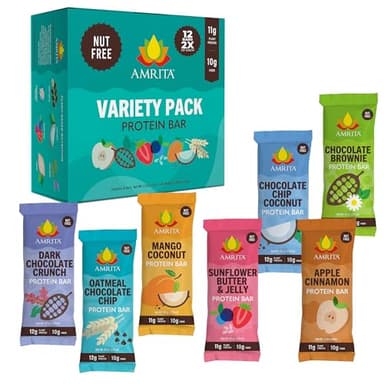 Amrita Nut Free 6 Flavor Variety Pack Vegan Protein Bars (12 CT) | 11g to 12g Plant-Based Protein Bar | Peanut Free, Gluten Free, and Dairy Free | Low Sugar, High Fiber, Healthy School-Safe Snacks