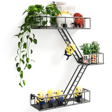 MVPSONAG Fire Escape Shelf - 3 Tier Metal Black Fire Escape Wall Shelves with Baskets, New York Action Figurine Display Shelf, Unique Rustic Floating Decorative Wall Shelves for Any Room