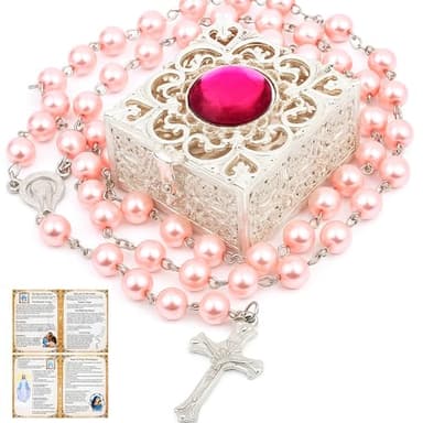 Quelay Rosary for Women Catholic Gifts Our Lady of Rosary Beads Pray Card Necklace Confirmation Gifts(Pink,Simple)