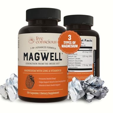 Live Conscious Magwell Magnesium Zinc & Vitamin D3 - Magnesium Glycinate, Malate, & Citrate - Triple Supplement for Women & Men - for Sleep, Bone, Heart, Immune Support - 120 Caps