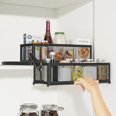HOUSE AGAIN 2 Tier Pull Out&Down Cabinet Organizer, Drop Down Spice Rack Shelf Easy Reach for Upper Kitchen Cabinet, Slide Out Storage Basket Drawer with Handle for Pantry/Cupboard/Office, 2 Fix Mode