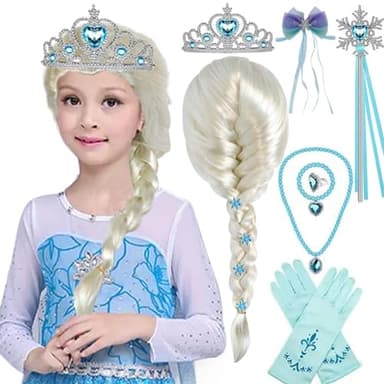 IMEYLE 14 Pcs Set Long Blonde White Cosplay Wig+Wand+Crown+Necklace+Ring+Bracelet+Gloves+Hairpin+Clips Princess Braided Wig Blonde Pigtail Synthetic Wig for Halloween Costume Party + Wig Cap
