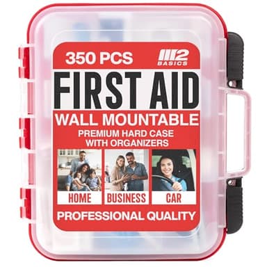 M2 BASICS Professional First Aid Kit, 350 Pieces, Wall Mountable with Dual Layer Organization for Home, Business, Car, Vehicle & Office