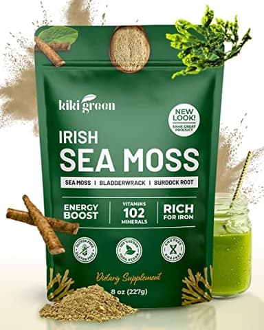 KIKI Green Irish Sea Moss Powder 8 Oz - with Bladderwrack Burdock Root Extract for Immune Support - Keto, Vegan Supplement