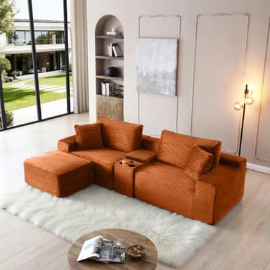 Modular Sectional Sofa, Deep Seat Corduroy Cloud Couch with Cup Holders, USB Ports & Storage Box, Sleeper Sofa Couch Boneless Couches with Movable Ottoman for Living Room, No Assembly Required