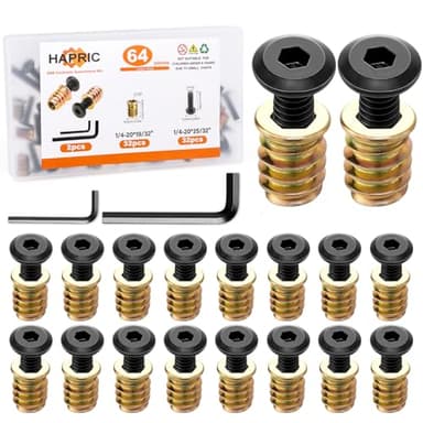 32 Sets Threaded Inserts for Wood Furniture Screws - 1/4-20 x 25/32" Inserts and Bolts - Hex Socket Drive - 1/4-20 x 19/32" Screw-in Nuts