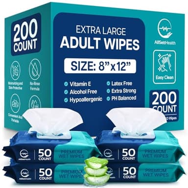 Body Wipes for Adults Bathing No Rinse - Adult Wipes for Elderly 8" x 12" (200 count) Shower No Rinse, Incontinence Disposable Washcloths, Aloe Vera, Vitamin E + 4 individual Packs