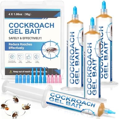 Cockroach Gel Bait Set, 4 Tubes x 30g,4 Plungers and 4 Tips, Targeted Roach Control Gel for German Common Cockroach Species, Indoor & Outdoor Application for Kitchen, Bathroom and Hidden Areas