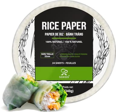 Soeos Rice Paper, White Rice Paper Wrappers, 1 Pack, 34 Sheets-Fresh Spring Roll Wrappers & Dumplings, Non-GMO, Gluten-Free, Low Carb, Vietnamese Rice Wraps (Round, 22cm)