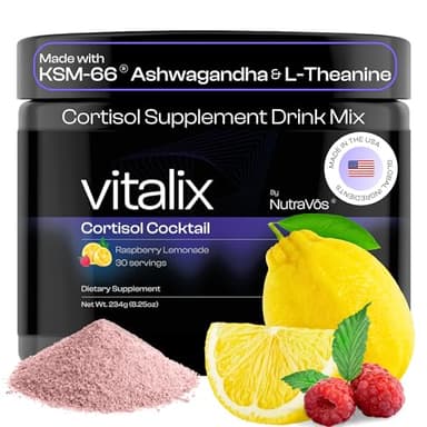 NutraVōs Vitalix – Cortisol Reducer & Adaptogen Drink Mix with Ashwagandha KSM 66, Magnesium Glycinate 200mg, L-Theanine 200mg, Vitamin C 500mg & Electrolytes – Raspberry Lemonade – 30 Servings