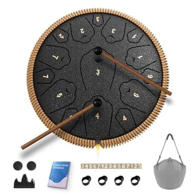 Steel Tongue Drum, 13 Inch 15 Notes Tongue Drums, C Major Drum Percussion Instruments, Handpan Drums with Music Book, Drum Mallets and Carry Bag (Black)