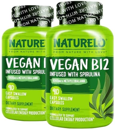 NATURELO Vegan B12 - Methyl B12 with Organic Spirulina - High Potency Vitamin B12 1000 mcg Methylcobalamin - Supports Healthy Mood, Energy, Heart & Eye Health - 90 Capsules (Pack of 2)