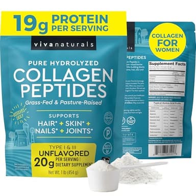 Viva Naturals Collagen Peptides Powder - Grass-Fed Hydrolyzed Bovine, Type I & III - 19 g Protein, Unflavored, Easy Dissolving - Joint, Skin, Hair & Nail Support - Paleo, Keto, Non-GMO - 1lb