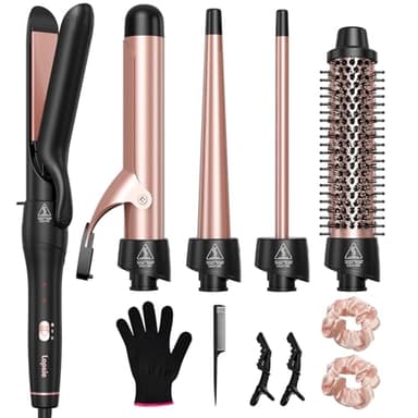 Lopeie 5 in 1 Curling Iron with Thermal Brush and 4 Interchangeable Ceramic Barrels(1/2 to 1 1/2 inch), Curling Wand Set with Flat Iron, Fast Heating, Dual Voltage Hair Curler, Mothers Day Gifts