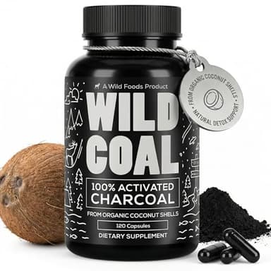 Wild Foods Activated Charcoal Capsules | 100% Organic Coconut Shells Active Tablets | Lab Tested & Non-GMO Pills | Made in USA (120 Capsules)