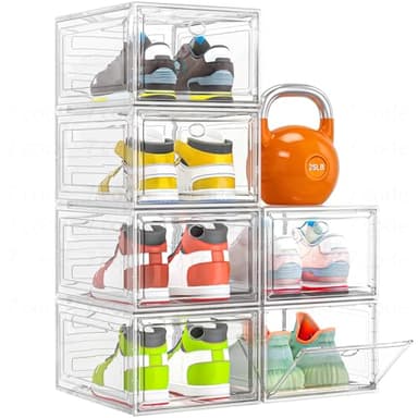 Thickened Clear Shoe Storage Organizer with Magnetic Door, Sturdy Stackable Shoe Boxes for Closet, Collapsible Space-Saving Shoe Rack for Sneakers & Boots, Plastic Shoe Cabinet Box Set, 6 Pack, White